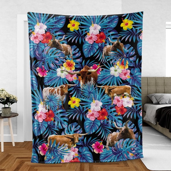 Texas Longhorn Tropical Flowers Leaves Pattern Blanket, Farmer, 50x60in Fleece Blanket