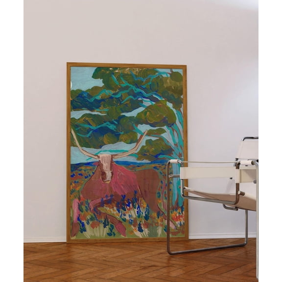 Texas Longhorn Wall Art Print, Austin Hill Country Mid Century Decor Unframed Paper Print