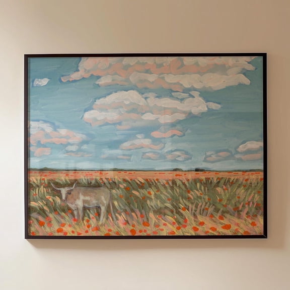 Texas Longhorn Wildflower Austin Hill Country Wall Art Print, Mid Century Modern, Modern Living Room And Office Decor