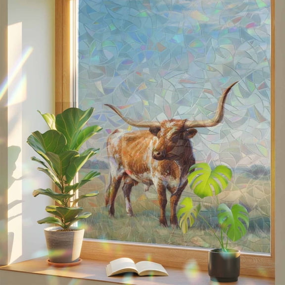 Texas Longhorn Window Privacy Film, Vintage Oil Painting Cow Grass Blue Sky Stained Glass Rainbow Film Decorative Window Clings, Static Cling Sun Blocking Stickers 19.6" x 39.3"