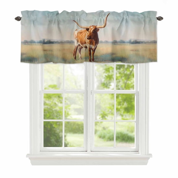 Texas Longhorn Window Valance for Kitchen, Vintage Oil Painting Cow Grass Blue Sky Rod Pocket Short Curtain for Small Windows, Light Filtering Decorative Valance, 42 x 12 Inch, 1 Panel