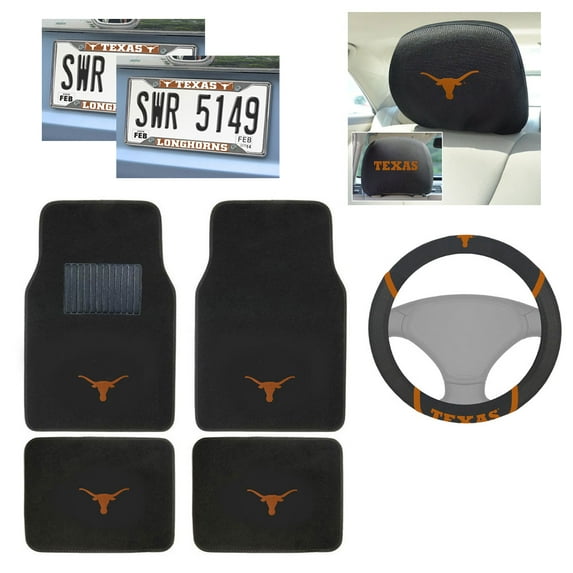 Texas Longhorns 4 Carpet Floor Mats And 2 Chrome Metal License Plate Frames With 2 Headrest Covers Plus Wheel Cover