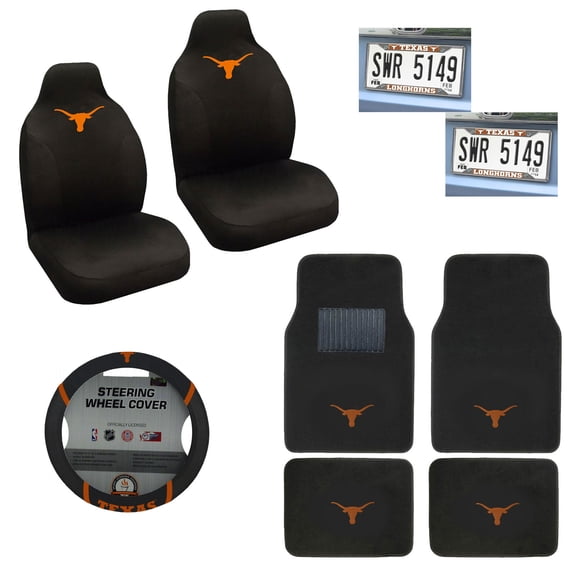 Texas Longhorns 4 Pc Carpet Floor Mats And 2 Chrome License Plate With 2 Seat Covers Plus Wheel Cover