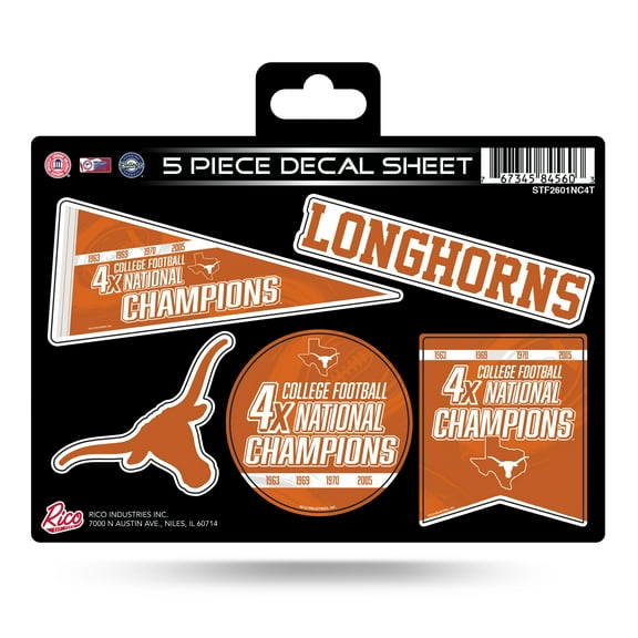 Texas University 4 Time College Football Champs 5-Pc Decal Sheet
