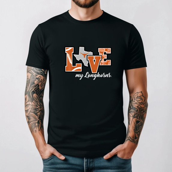 Texas Longhorns Love My Longhorns Gift Sport Fan College Football Unisex T-Shirt, for men & women, up to size 5XL.