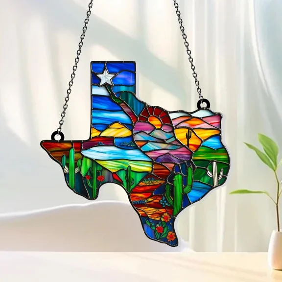 Texas Map Acrylic Suncatcher Bluebonnet Northern Mockingbird Design Window Hanging Home Decor