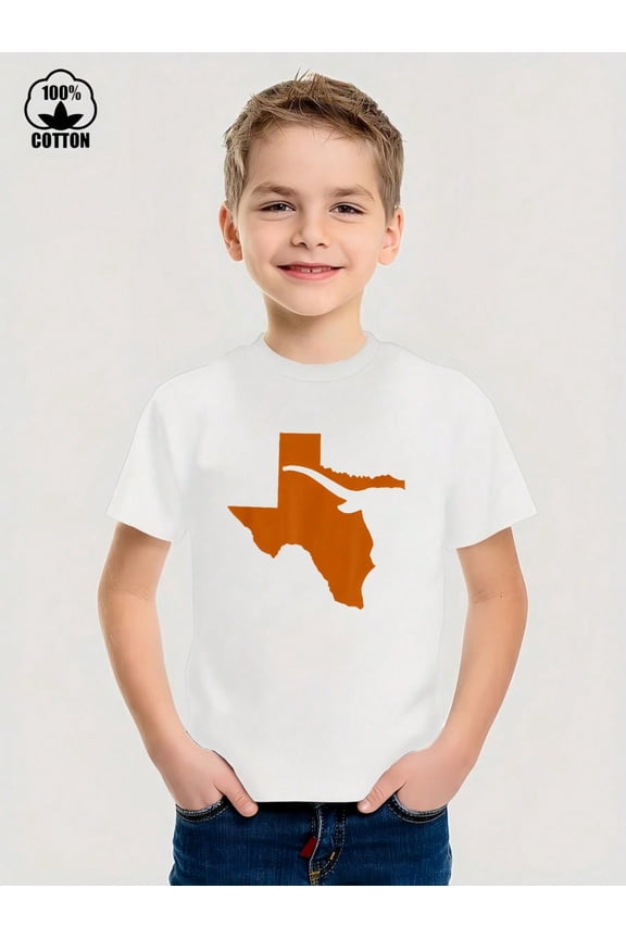 Texas Map Patterned Design Iron-On Graphic Tees With 100% Cotton Fabric,Suitable For Boys And Girls,Size From 3T-13Y,Ideal Gift For Kids