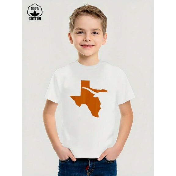Texas Map Patterned Design Iron-On Graphic Tees With 100% Cotton Fabric,Suitable For Boys And Girls,Size From 3T-13Y,Ideal Gift For Kids