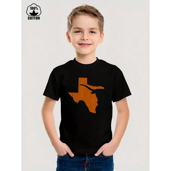 MAWOTEA Texas Map Patterned Design Iron-On Graphic Tees With 100% Cotton Fabric,Suitable For Boys And Girls,Size From 3T-13Y,Ideal Gift For Kids
