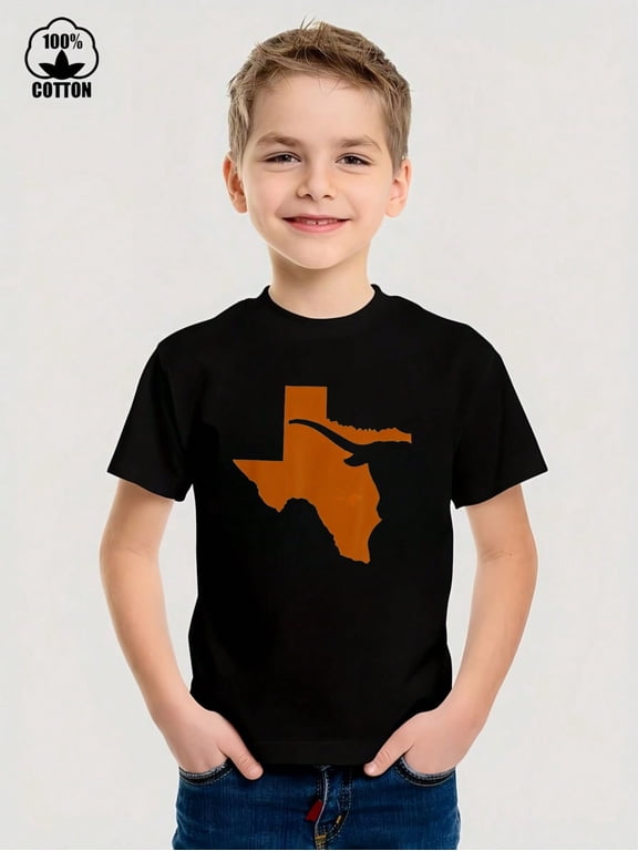 Texas Map Patterned Design Iron-On Graphic Tees With 100% Cotton Fabric,Suitable For Boys And Girls,Size From 3T-13Y,Ideal Gift For Kids