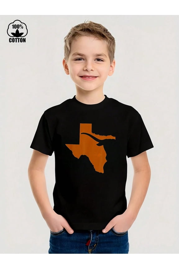 Texas Map Patterned Design Iron-On Graphic Tees With 100% Cotton Fabric,Suitable For Boys And Girls,Size From 3T-13Y,Ideal Gift For Kids