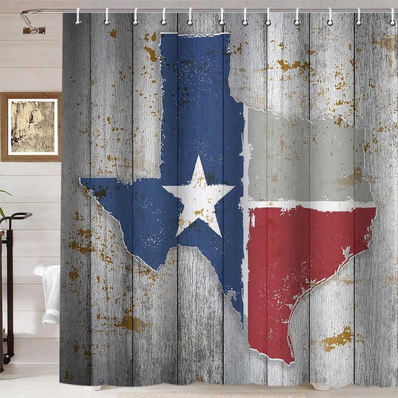 Texas Map Shower Curtain, Western Shower Curtain, Blue Red Texas Star Flag Lone Star Country Vintage Rustic Farmhouse Bathroom Decor, Waterproof Fabric Grey Shower Curtain, 72 X 72 Inch