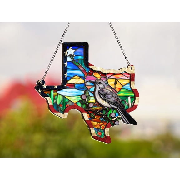 Texas Map Suncatcher - Northern Mockingbird & Bluebonnet Ornament, New Home Gift, Texas Decor, Moving Gift