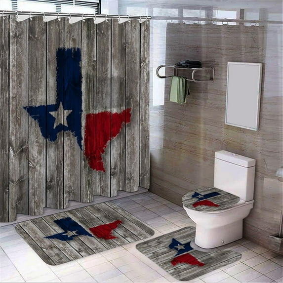 Texas Map Theme 70"" Shower Curtain Set Western Texas Star Bathroom Set 4 Pcs Texas Flag Rustic Wooden Board Rugs American Southwestern Toilet Lid Cover Bath Mat A08134