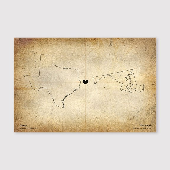 Texas Maryland Connection Map Canvas Wall Art 8x12 inch -Texas Maryland Connection Map Rustic Canvas Wall Artwork with Antique Neutral Interior Style