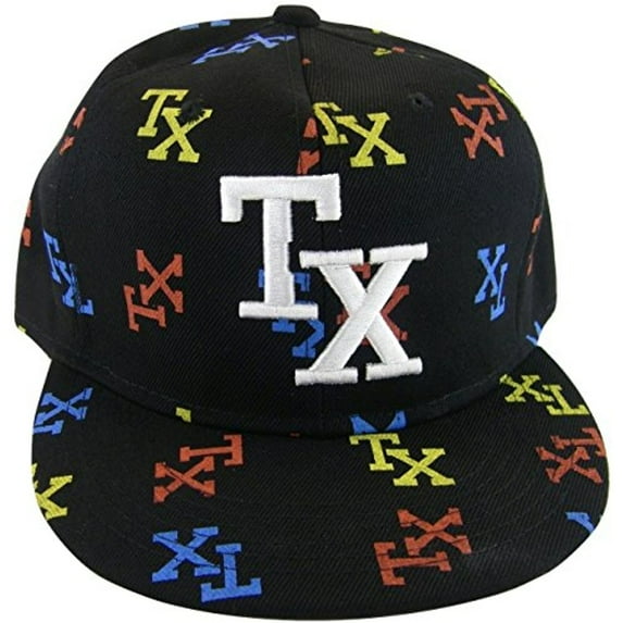 Texas Men's Fitted Flat Brim Baseball Caps (TX All Over Black, X-Large)