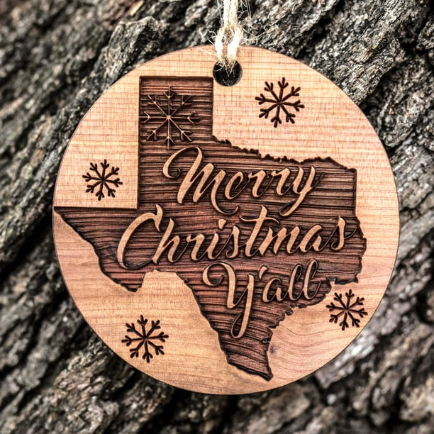 Merry Christmas Y'all - Raw Cedar Ornament 3x3in