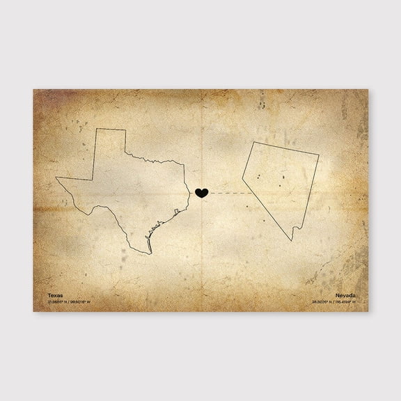 Texas Nevada State Connection Map Canvas Wall Art 8x12 inch -Texas Nevada State Connection Map Neutral Vintage Canvas Print for Rustic Living Room Decoration