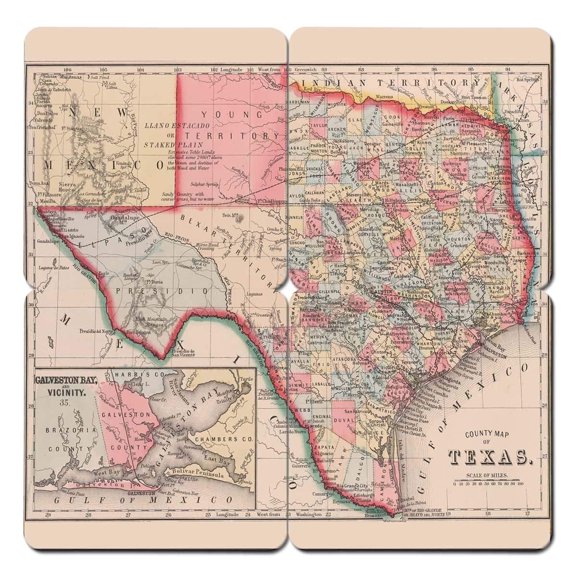 Torched Texas Old World Map Coaster (Set of 4) Drink Beer Coaster Multicolor