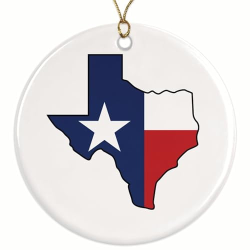 Texas Outline Christmas Ornament - State of Texas - Lone Star State Texas Flag - 2.8" Round Ornament - Gold String Included - UV Printed Design - Glossy Ceramic - BMCO0852