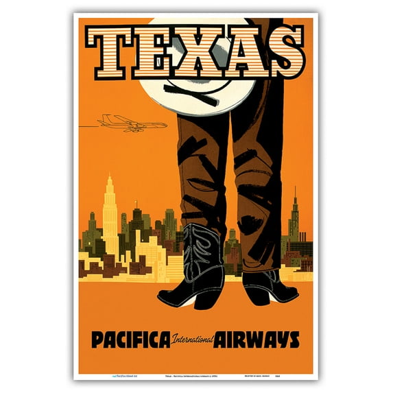 Texas - Pacifica International Airways - Cowboy - Vintage Airline Travel Poster c.1960 - Master Art Print (Unframed) 12in x 18in