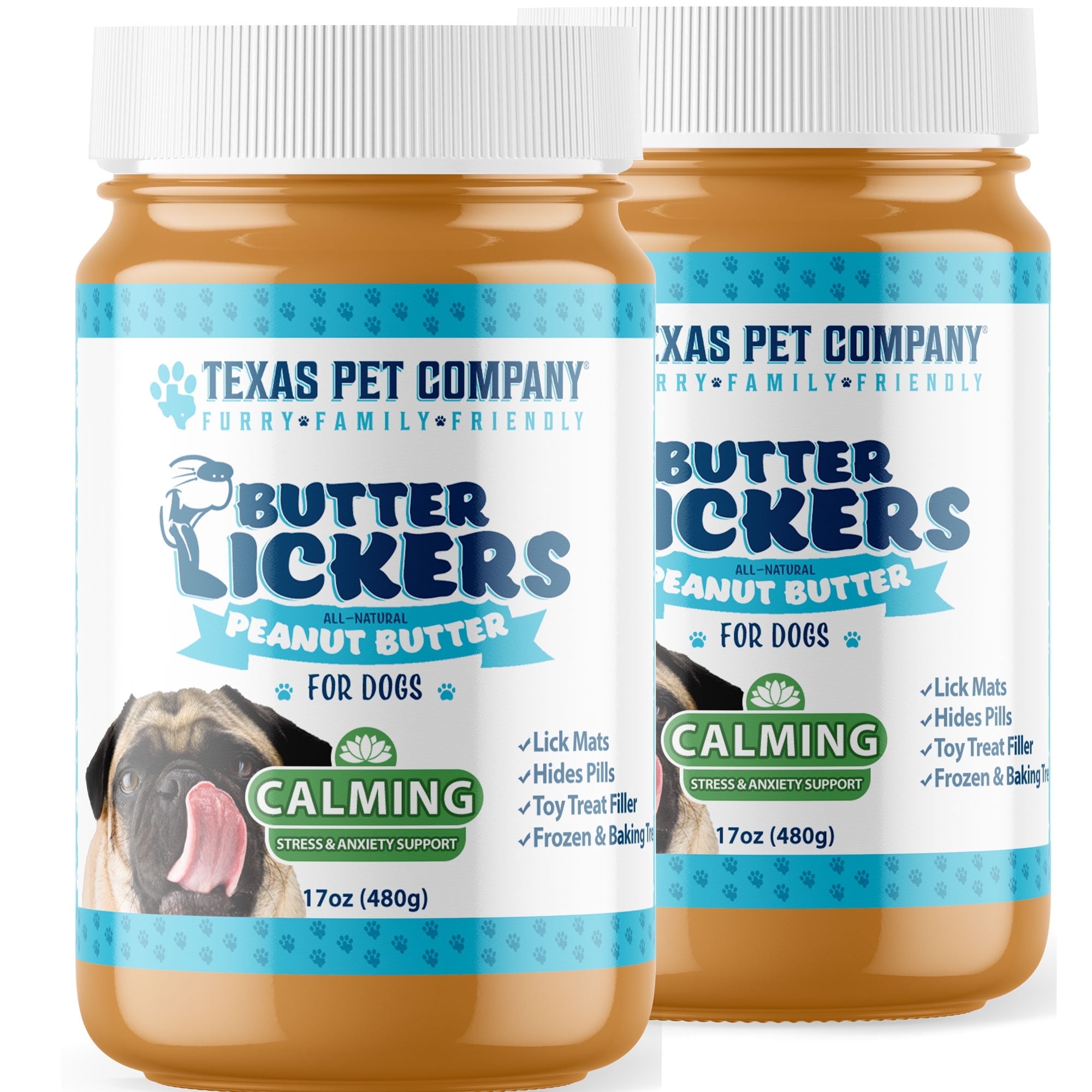 Texas Pet Company Butter Lickers Calming Dog Peanut Butter Dog Treat 17oz Jar 2 Pack New
