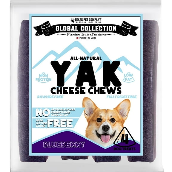 Texas Pet Company Global Collection Blueberry Flavor Yak Cheese Chew Treats for Dogs, Large Bag (4 Pack)