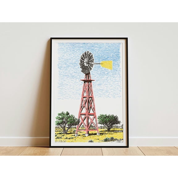 Texas Ranch Windmill Wall Art Print, Vintage Western Countryside Landscape And Rustic Farmhouse Decor