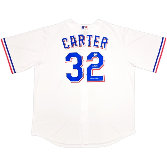 Texas Rangers Evan Carter Autographed White Nike Jersey Size 2XLT "23 WS Champs" Beckett BAS Witness 236694