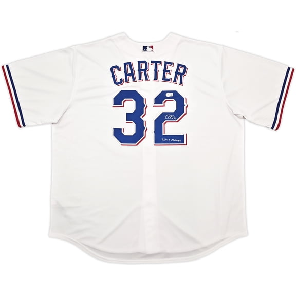 Texas Rangers Evan Carter Autographed White Nike Jersey Size XXL "23 WS Champs" Beckett BAS Witness 252438