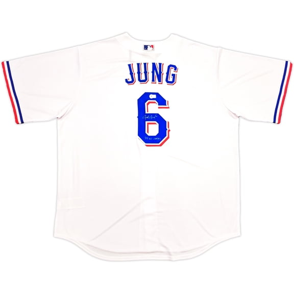 Texas Rangers Josh Jung Autographed White Nike Jersey Size 2XLT "23 WS Champs" Beckett BAS Witness 236687