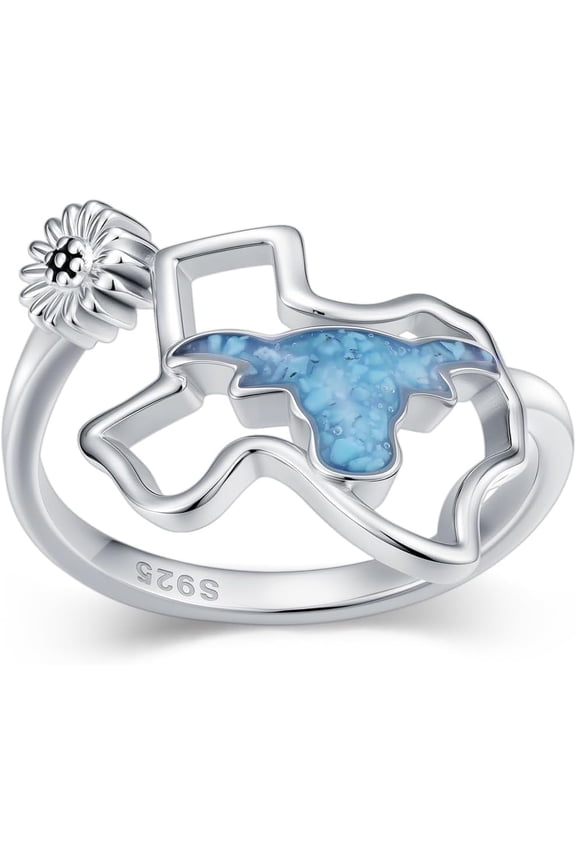Texas Ring 925 Sterling Silver Turquoise Texas Map Flower Open Ring, Vintage Western Texas Souvenirs Jewelry Gifts for Women Teens, Size 7 Adjustable