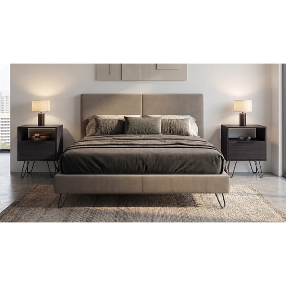 Texas Set of 2 Modern Nightstands with Storage, Minimalist Bedside Tables with Metal Legs, Wenge