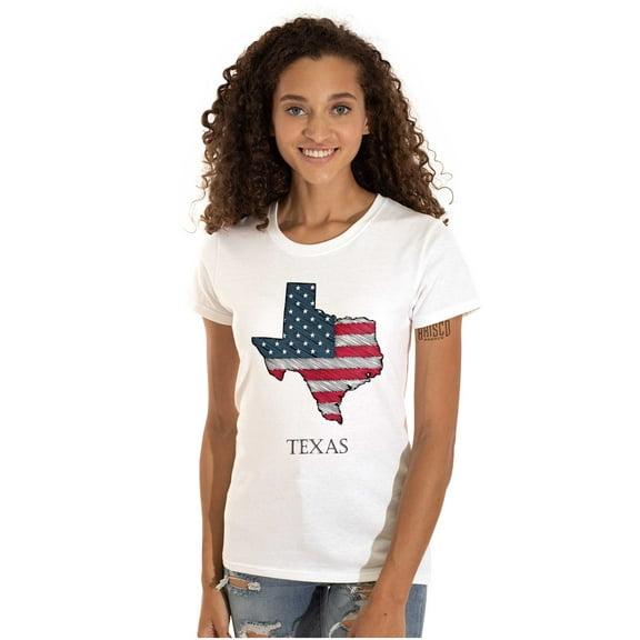 Texas Shaped Sketched USA Flag Womens Slim Fit Graphic Tee Brisco Brands L