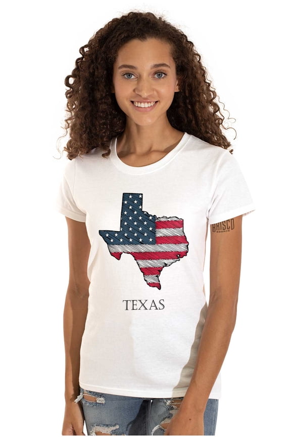 Texas Shaped Sketched USA Flag Womens Slim Fit Graphic Tee Brisco Brands L
