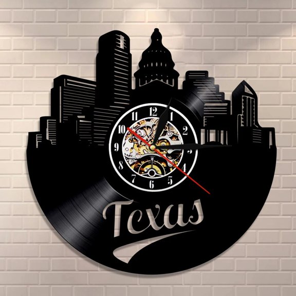 Texas Skyline Vinyl Wall Clock,Vinyl Record Clock Wall Art Black Handmade Art Home Unique Gift idea