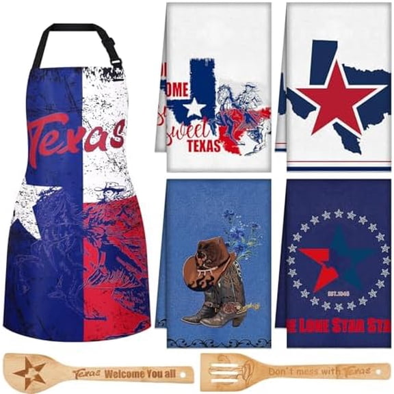 Texas Souvenirs Gifts Kitchen Set Include 1 Apron 4 Bluebonnets Kitchen Towels 2 Wooden Spoons Texas Decorations Gifts for Women Housewarming Family Reunion$$Home Decor, Kitchen, & Other
