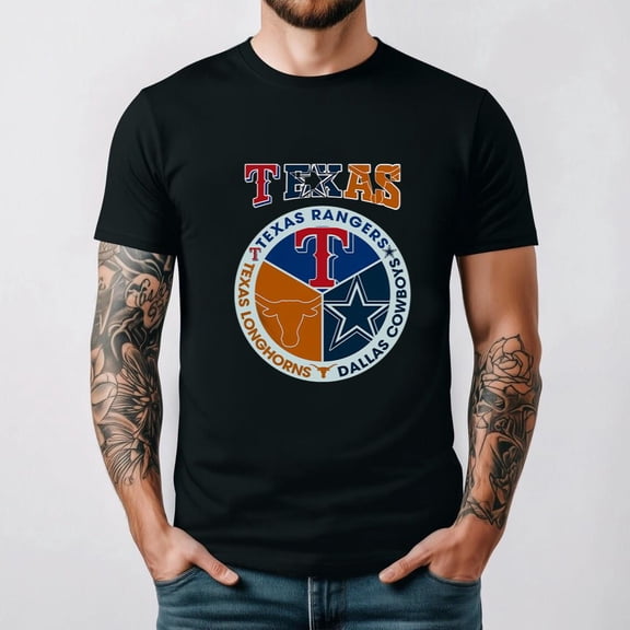 Texas Sports Teams Logo Rangers Cowboys And Longhorns Fan Mashup Unisex T-Shirt, for men & women, up to size 5XL.