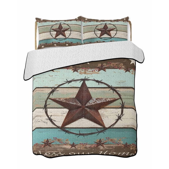 Texas Star 3 Piece Quilt Bedding Set with 2 Pillow Shams, Bless Your Home Lightweight Bedspread Coverlet, Soft Breathable All Season Quilt, 79 x 90 Inch