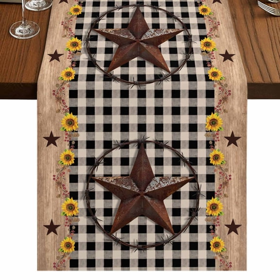 Texas Star 36 Inch Table Runner, Farmhouse Country Sunflower Black Plaid Farmhouse Dresser Scarf Cotton & Linen Tablerunner for Dining/Kitchen Island/Holiday Party Décor Small 13" x 36"