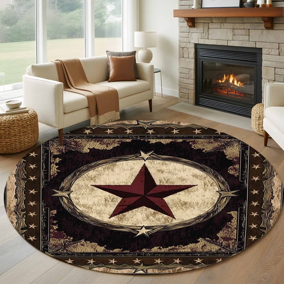 Texas Star 7ft Round Rug for Living Room Conversation Area, Western Retro Red Star Washable Non Slip Large Circle Area Rug