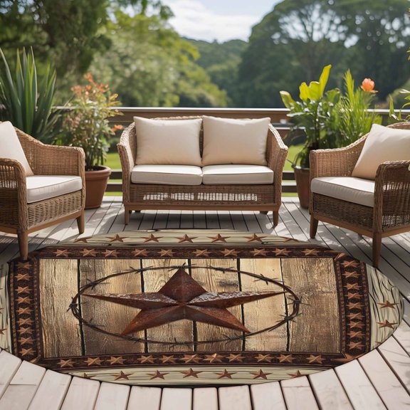 Texas Star 8ft Round Rug for Open Concept Living Room Seating Zone, Farmhouse Country Star Washable Non Slip Large Circle Area Rug