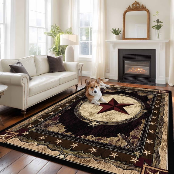 Texas Star Area Rugs 5x7 ft Western Retro Red Star Rustic Farmhouse Washable Rug Non Slip Indoor Carpet Absorbent Floor Mat for Living Room Bedroom Dining Room