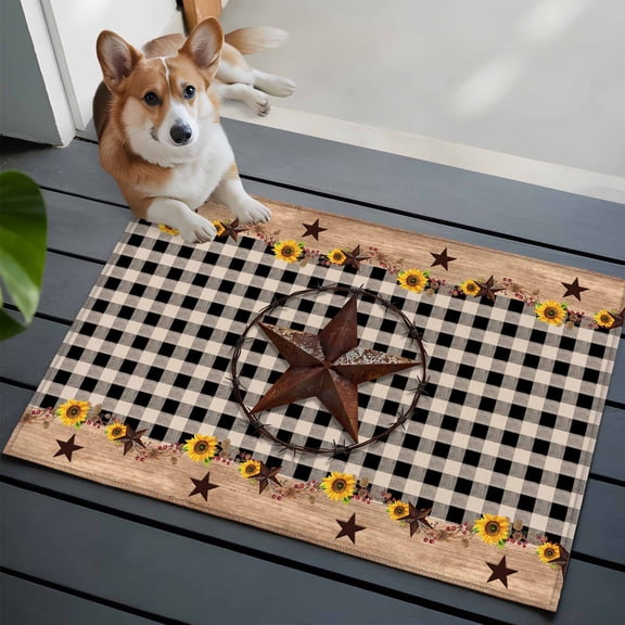 Texas Star Bathroom Mat 2x3 FT, Non Slip Small Kitchen Mat, Farmhouse Country Sunflower Black Plaid Washable Backed Front Door Throw Rug Non-Shedding Indoor Outdoor Doormat for Entryway Sink