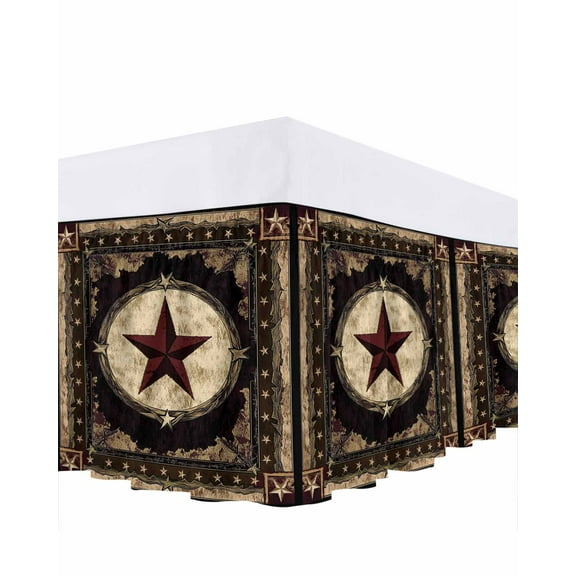 Texas Star Bed Skirt Western Retro Red Star Rustic Farmhouse Bed Skirts King Size 18 Inch Drop, Wrap Around Dust Ruffle Bedskirt with Adjustable Elastic Belt for Queen Size Beds