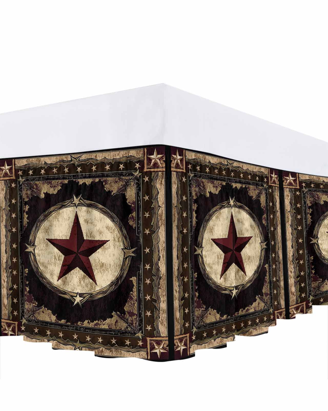 Texas Star Bed Skirt Western Retro Red Star Rustic Farmhouse Bed Skirts Queen Size 18 Inch Drop, Wrap Around Dust Ruffle&nbsp;Bedskirt with Adjustable Elastic Belt for Queen Size Beds