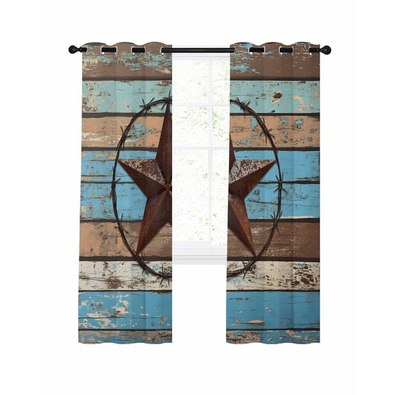 Texas Star Blackout Curtains, Light Blocking Print Window Curtains, Blue Brown Stars Retro Wooden Country Vintage Thermal Insulated Window Drapes for Living Room 2 Panels, 104"W x 63"L