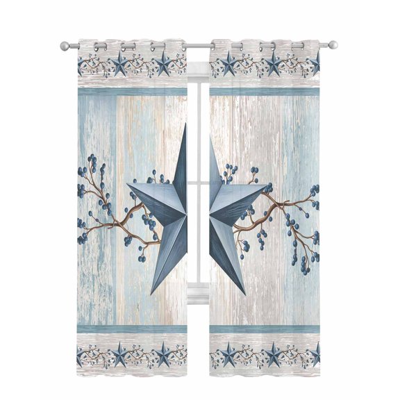 Texas Star Blue Sheer Curtains 84 Inch Length 2 Panels Set for Living Room/Bedroom, Farmhouse Country Branches Wooden Grain Kitchen Curtains Grommet Semi-Sheer Curtains Window Treatments 52"x84"x2