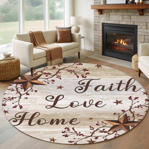 Texas Star Brown 8' Round Area Rug, Farmhouse Retro Branches Wooden Grain Washable Non-Slip Large Circle Rugs for Living Room Bedroom, Soft Low Pile Rug Carpet for Dining Room Kitchen Farmhouse