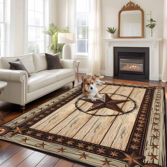 Texas Star Brown Area Rug 5x8 FT, Non Slip Bedroom Throw Carpet, Country Star Rustic Vintage Wooden Washable Soft Floor Carpet Non-Shedding Rug for Living Room Nursery Dorm Office